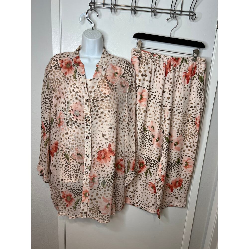What If....? Women's 100% Silk 3-pc Tank/Blouse/Crop Pants Set Floral~ Size L/XL